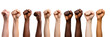 Women day, female raised fists isolated on white transparent background. Feminist movement concept. PNG