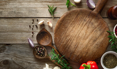 Poster - Menu background cutting board with spices and ingredients for preparation food top view