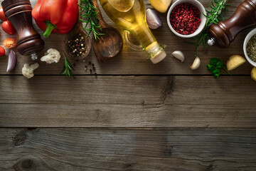 Poster - Menu background. Spices and ingredients for cooking food on a wooden table with copy space top view