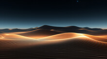 Abstract Glowing Orange Lines Sweep Across Serene Blue Sand Dunes.