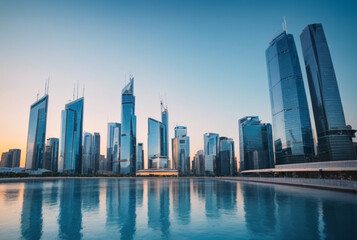 Wall Mural - modern city skyscrapers The financial district of the future Building perspective and reflection - architectural blue background