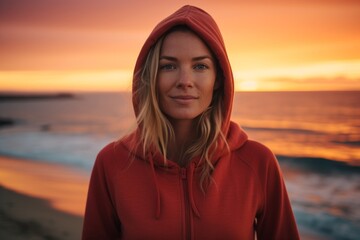 Wall Mural - Portrait of a tender woman in her 30s wearing a thermal fleece pullover against a vibrant beach sunset background. AI Generation
