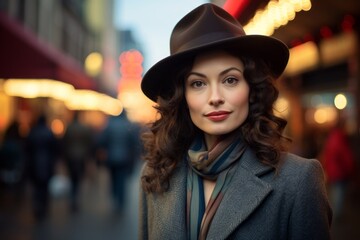 Wall Mural - Portrait of a tender woman in her 30s donning a classic fedora against a vibrant market street background. AI Generation