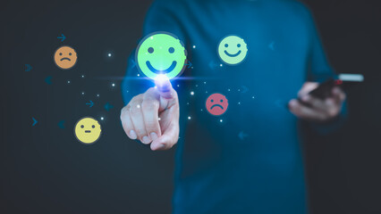Poster - Male hand touch virtual screen on positive smile happy emotion to give satisfaction in service. Online review concept of assessment testimonial customer service and feedback, Best opinion rating.