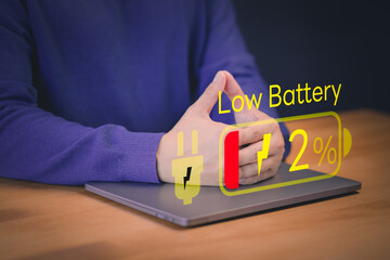 Poster - Laptop out of battery. Concept of Technology and daily life. Man is angry and frustrated when he learns that his laptop computer's battery is dead and did not bring the charger adapter.