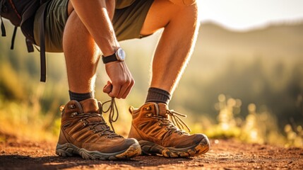 Canvas Print - A man in hiking shoes tying his shoe, AI