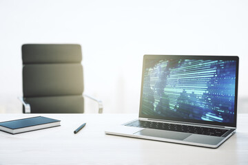 Leinwandbilder - Modern computer monitor with abstract digital world map, research and strategy concept. 3D Rendering
