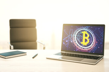 Poster - Modern computer monitor with creative Bitcoin symbol. Cryptocurrency concept. 3D Rendering