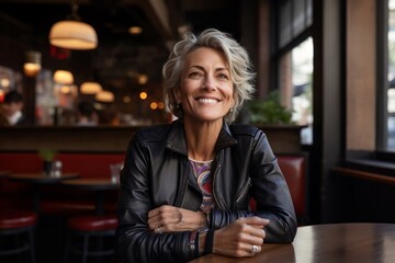 Sticker - Portrait of a jovial woman in her 50s sporting a stylish varsity jacket against a serene coffee shop background. AI Generation