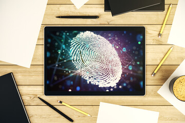 Poster - Top view of modern digital tablet display with abstract creative fingerprint illustration, personal biometric data concept. 3D Rendering
