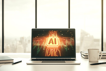 Poster - Creative artificial Intelligence symbol concept on modern laptop screen. 3D Rendering