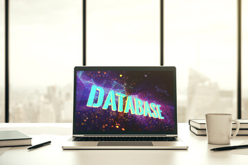 Poster - Modern computer screen with Database word sign, global research and analytics concept. 3D Rendering