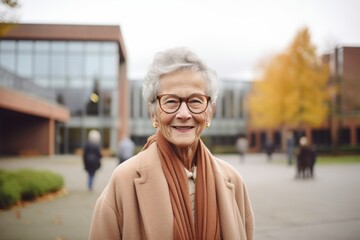 Wall Mural - Portrait of a glad woman in her 80s wearing a chic cardigan against a modern university campus background. AI Generation