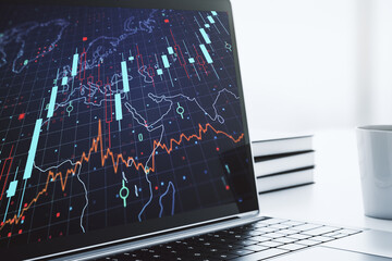 Poster - Abstract creative financial diagram with world map on modern computer monitor, banking and accounting concept. 3D Rendering