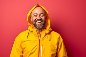 Canvas Print - Portrait of a joyful man in his 40s wearing a lightweight packable anorak against a vibrant yoga studio background. AI Generation