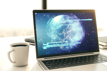 Poster - Abstract creative coding illustration with world map on modern computer monitor, international software development concept. 3D Rendering