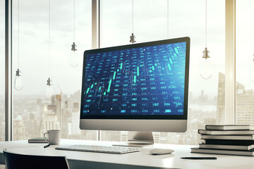 Poster - Modern computer display with abstract graphic data spreadsheet sketch, analytics and analysis concept. 3D Rendering