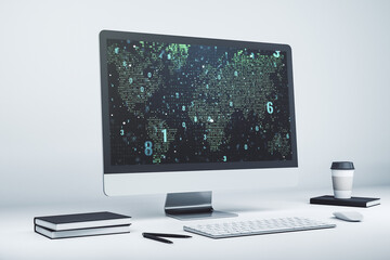 Poster - Modern computer screen with abstract creative coding sketch and world map, artificial intelligence and neural networks concept. 3D Rendering