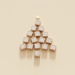 Fototapete - Christmas Tree Symbol made by wooden color Computer keys cap on background. Minimal Christmas idea concept flat lay. 3D Rendering