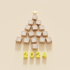 Fototapete - Christmas Tree Symbol made by wooden color Computer keys cap on black background. Minimal Christmas idea concept flat lay 2023 . 3D Rendering
