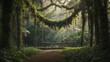 Thick vines cascade gracefully from ancient trees, resembling nature's swings in the heart of the jungle - AI Generative