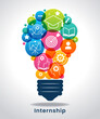 © vladgrin - Internship concept. Light bulb with icons. Concept with icon of goal, skills, knowledge, mentoring, practice, opportunity, and training.