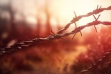 Fototapeta  - Barbed wire blurred background in sun light. Security defense protection fence. Generate Ai