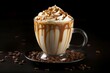 Caramel truffle coffee. Hot beverage with whipped cream topping. Generate ai