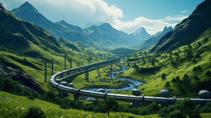 Wall Mural - Serpentine industrial pipelines in a vibrant green valley, energy infrastructure meets natural beauty. Generative AI