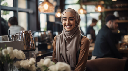 Young Muslim barista dressed in her hijab. Her warm smile behind the café counter reflect a welcoming atmosphere