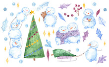 Big Set With Watercolor Cute Cartoon Snowman And Snow Girl Tied One Scarf Hugging , Snowman On Top Of Each Other Christmas Tree,with Bird And Bear Friends,holly Leaf,mistletoe.New Year 