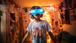 © ImageFlow - A girl kid wearing VR headset, stands in living room, enjoying a virtual reality experience with joy. Orange neon room. Concept of future tech. Ai generative