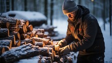 A Man In Winter Clothing Is Stacking Firewood In A Snowy Forest, The Warm Glow Of Sunset Reflecting Off The Snow, Highlighting The Quiet Labor Of Preparation For Colder Days.