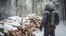A Lone Hiker In A Snow-covered Forest Stands Beside A Stack Of Firewood, Suggesting Preparation For A Warm Retreat After Braving The Winter Elements.