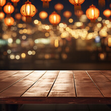 Dark Wooden Table Top With Blurred Restaurant Background Chinese New Year Theme