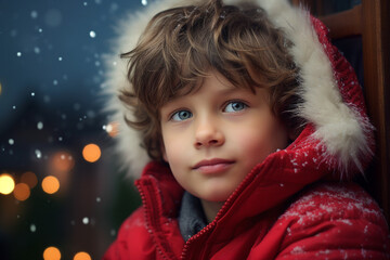 Generative AI portrait of small funny child believe in santa claus waiting christmas gifts presents