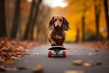 A Dog Rides A Skateboard In Autumn Park. Brown Long - Haired Dachshund Is Having Fun, An Active Athletic Agile Dog. Generative AI.