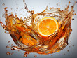 Surrounded by a dynamic burst of orange juice, a mid-flight orange on a white background displays a mix of deep orange hues, indicating the juicy explosion.
