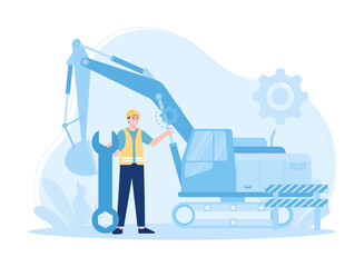 A man is checking heavy equipment for work on a building concept flat illustration