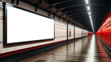 Long subway tunnel with white billboard and striking red accents. Perspective and advertising design concept Generative AI