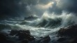 A stormy seascape at night, with tumultuous waves and dark, threatening clouds. The horizon is centered, providing space above or below for text. The sea is a metaphor for turmoil and fear.