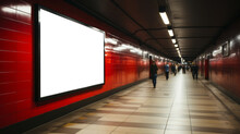 Underground Subway Tunnel With Vibrant Red Walls And Large Advertisement. Deep Perspective And Marketing Concept Generative AI