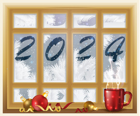 Wall Mural - Happy New 2024 year, Winter background with Cup of coffee, vector illustration