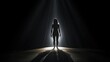 A symbolic representation of shame, featuring a figure standing in a spotlight, surrounded by darkness. The figure's body language is closed off and defensive.