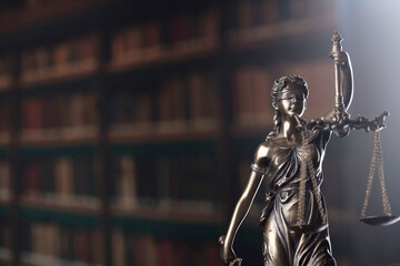 Wall Mural - Law theme. Themis statue, scale and judge gavel in the law faculty library.