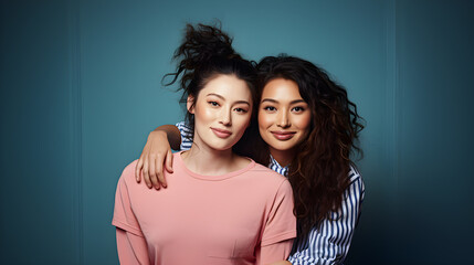 Two young women embracing on a blue background. Lesbian, multiethnic and multiracial couple. Inclusive love and friendship. Blue background, advertising and copy space.