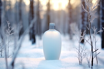 White matte bottle with a skin care product or perfume stands in the snow in a winter forest at dawn