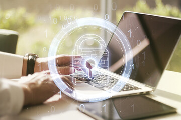 Aufkleber - Creative lock illustration with microcircuit and hands typing on computer keyboard on background, cyber security concept. Multiexposure