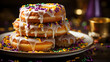 A mouthwatering close-up of a festive King Cake adorned with colorful icing and hidden surprises, a cherished Mardi Gras tradition.