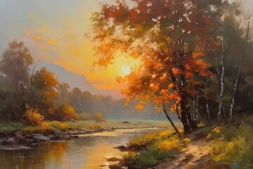 Wall Mural - oil painting of colorful autumn river, colorful fall landscape oil painting of colorful autumn river, colorful fall landscape autumn landscape with a beautiful river